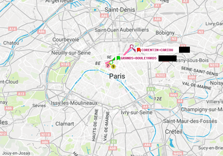 plan itinéraire ratp de Grands Boulevards à Corentin-Cariou