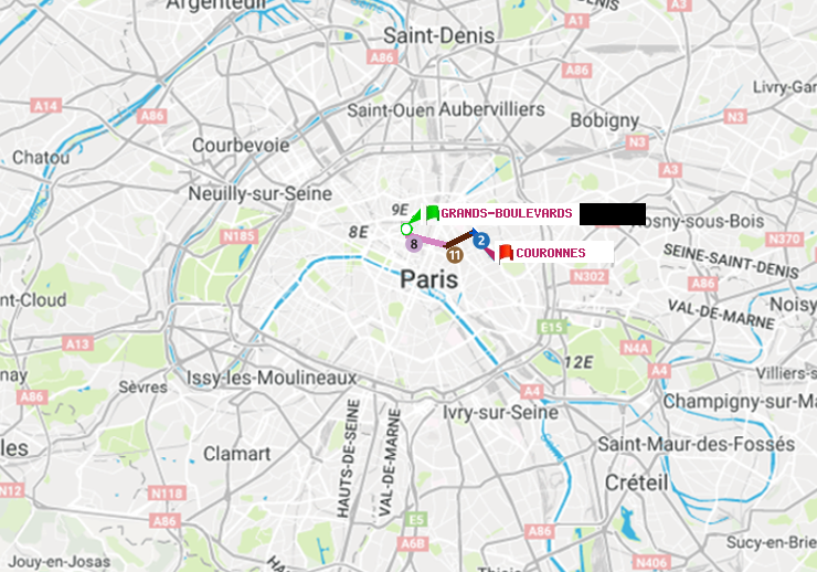 plan itinéraire ratp de Grands Boulevards à Couronnes