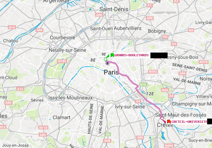 plan itinéraire ratp de Grands Boulevards à Créteil-Université