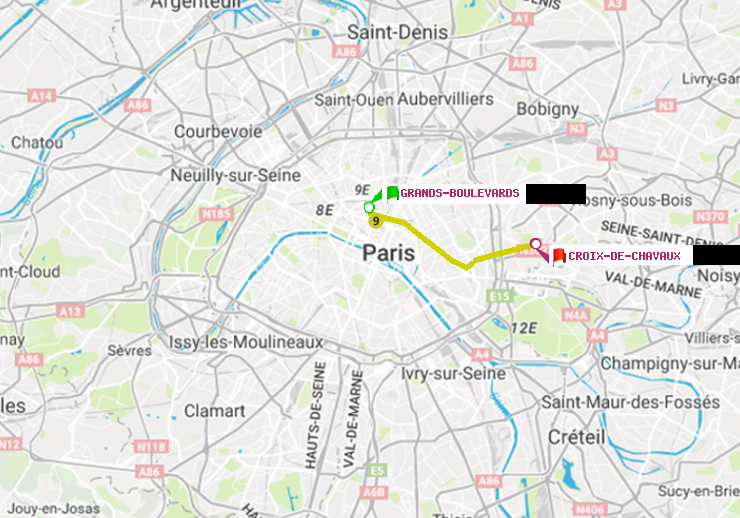 plan itinéraire ratp de Grands Boulevards à Croix-de-Chavaux (Jacques Duclos)