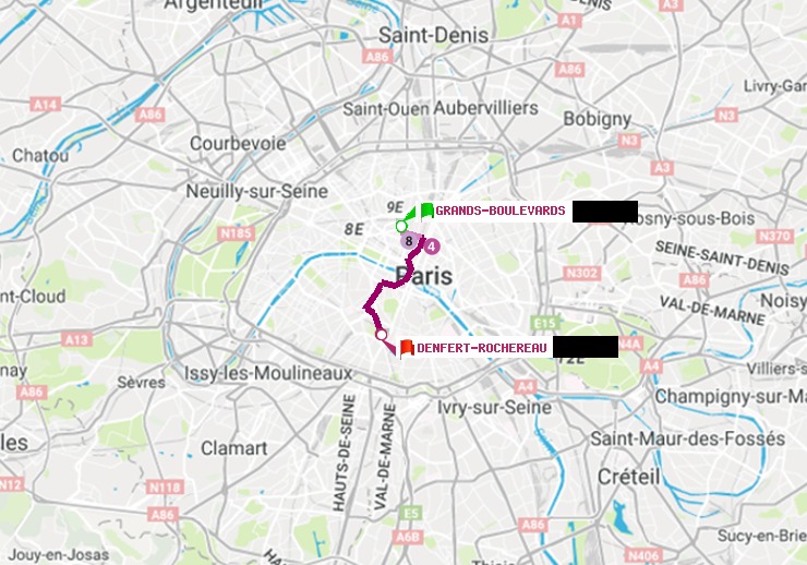 plan itinéraire ratp de Grands Boulevards à Denfert-Rochereau