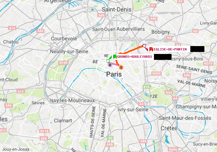 plan itinéraire ratp de Grands Boulevards à Eglise de Pantin