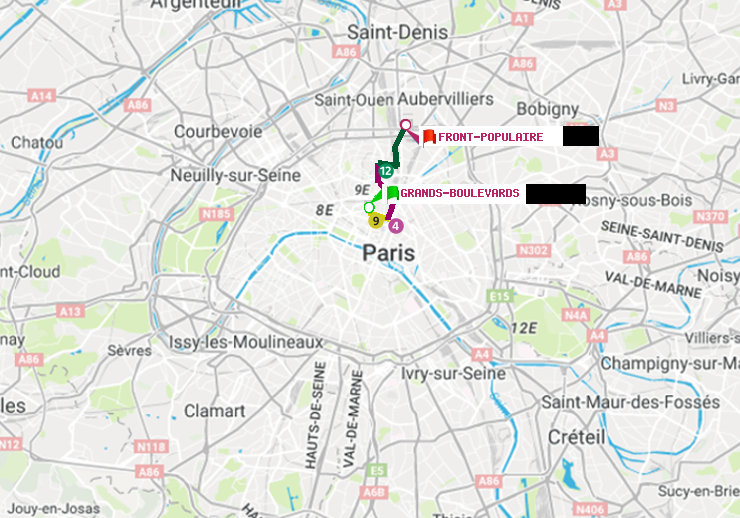 plan itinéraire ratp de Grands Boulevards à Front Populaire