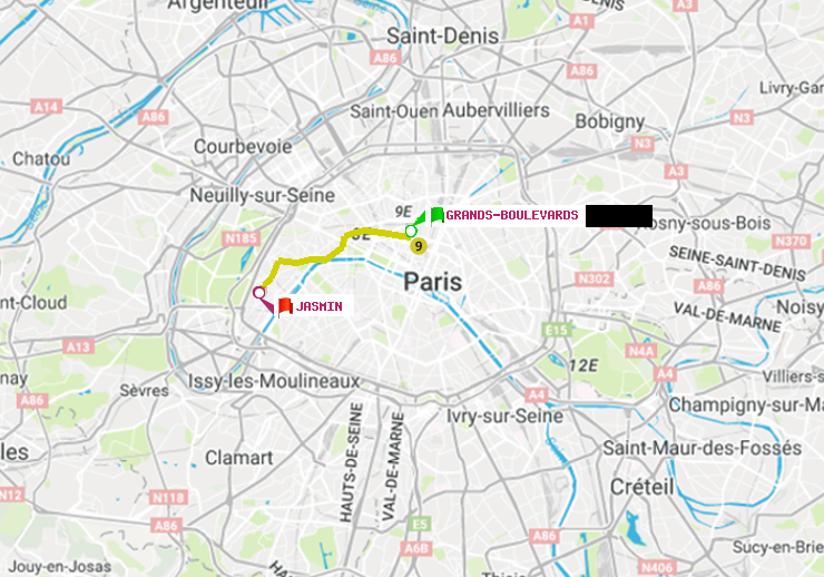 plan itinéraire ratp de Grands Boulevards à Jasmin