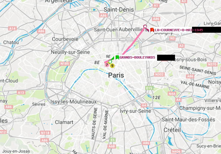 plan itinéraire ratp de Grands Boulevards à La Courneuve-8-Mai-1945