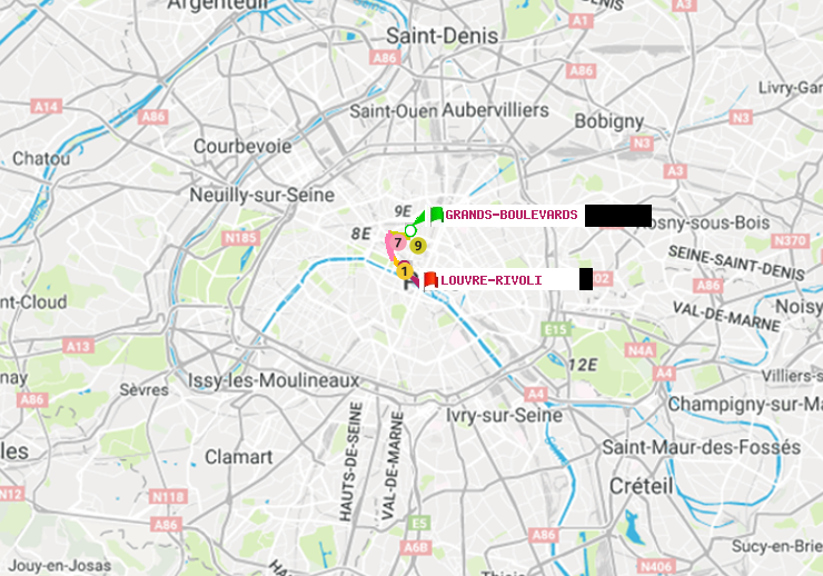 plan itinéraire ratp de Grands Boulevards à Louvre-Rivoli