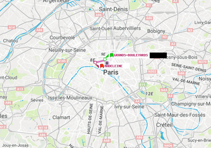 plan itinéraire ratp de Grands Boulevards à Madeleine