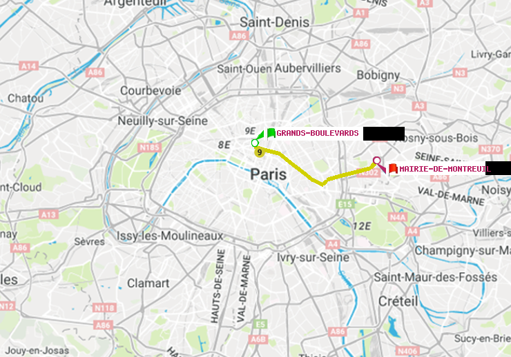 plan itinéraire ratp de Grands Boulevards à Mairie de Montreuil