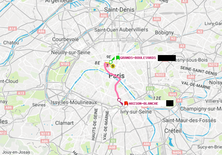 plan itinéraire ratp de Grands Boulevards à Maison Blanche