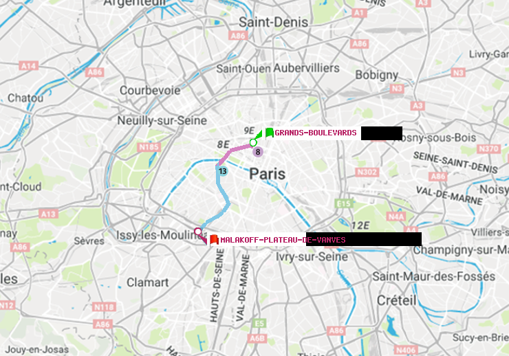 plan itinéraire ratp de Grands Boulevards à Malakoff-Plateau de Vanves