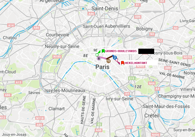 plan itinéraire ratp de Grands Boulevards à Ménilmontant