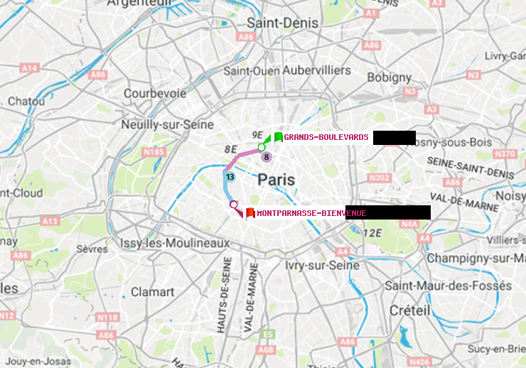 plan itinéraire ratp de Grands Boulevards à Montparnasse-Bienvenue