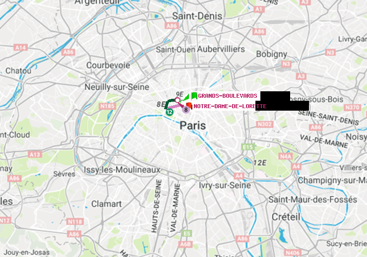 plan itinéraire ratp de Grands Boulevards à Notre-Dame de Lorette
