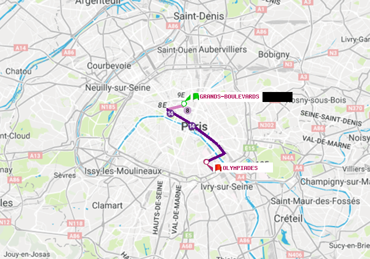 plan itinéraire ratp de Grands Boulevards à Olympiades