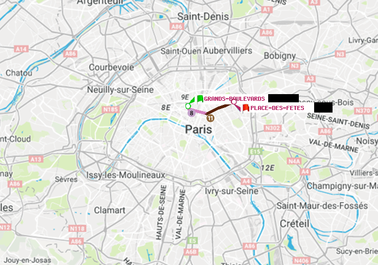 plan itinéraire ratp de Grands Boulevards à Place des Fêtes