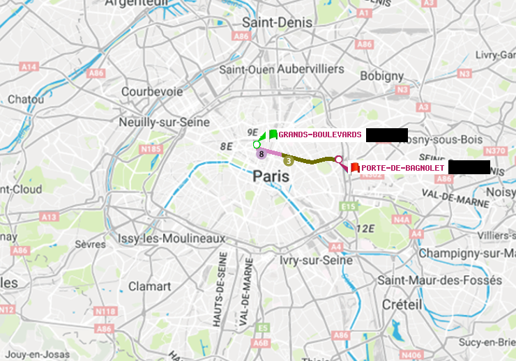 plan itinéraire ratp de Grands Boulevards à Porte de Bagnolet