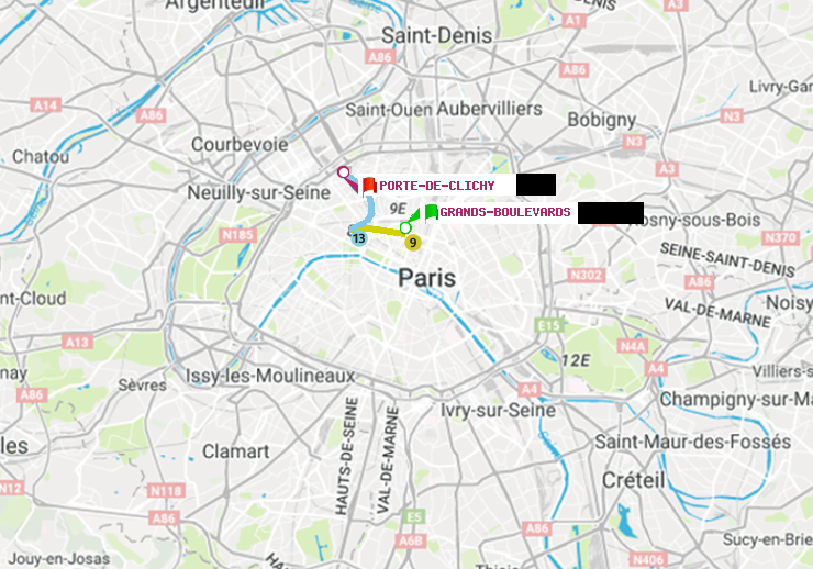 plan itinéraire ratp de Grands Boulevards à Porte de Clichy