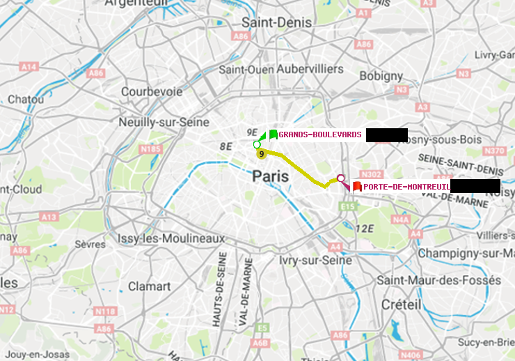 plan itinéraire ratp de Grands Boulevards à Porte de Montreuil