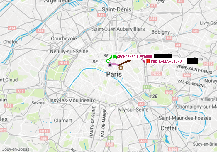plan itinéraire ratp de Grands Boulevards à Porte des Lilas