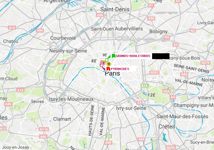 plan itinéraire ratp de Grands Boulevards à Pyramides