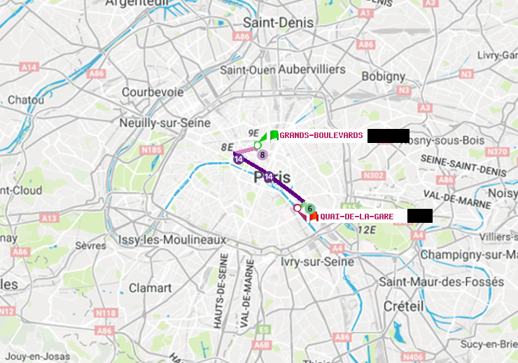plan itinéraire ratp de Grands Boulevards à Quai de la Gare