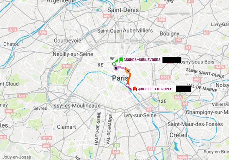 plan itinéraire ratp de Grands Boulevards à Quai de la Rapée