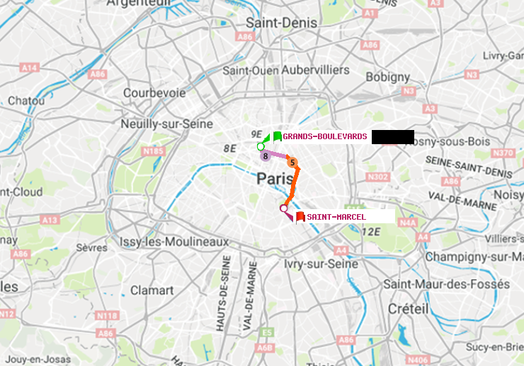 plan itinéraire ratp de Grands Boulevards à Saint-Marcel