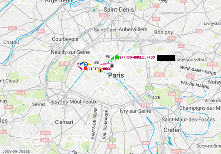 plan itinéraire ratp de Grands Boulevards à Victor Hugo