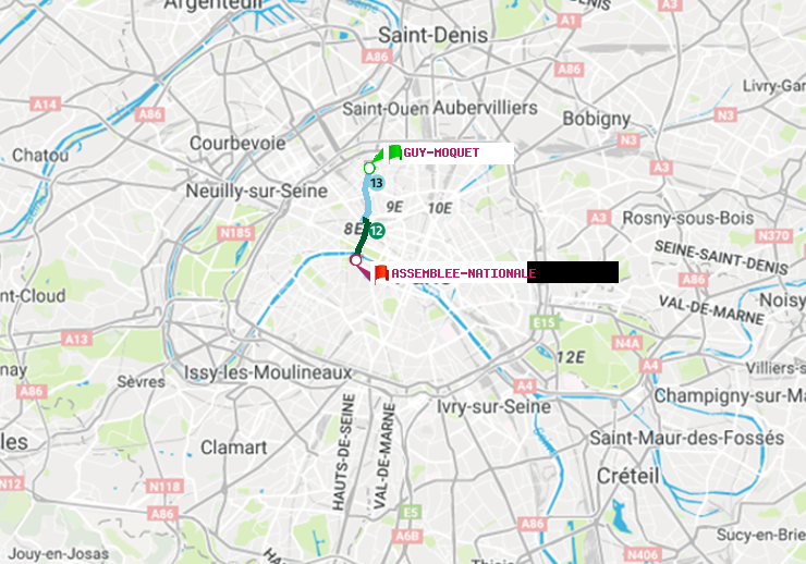 plan itinéraire ratp de Guy-Môquet à Assemblée Nationale