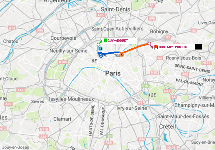 plan itinéraire ratp de Guy-Môquet à Bobigny-Pantin (Raymond Queneau)