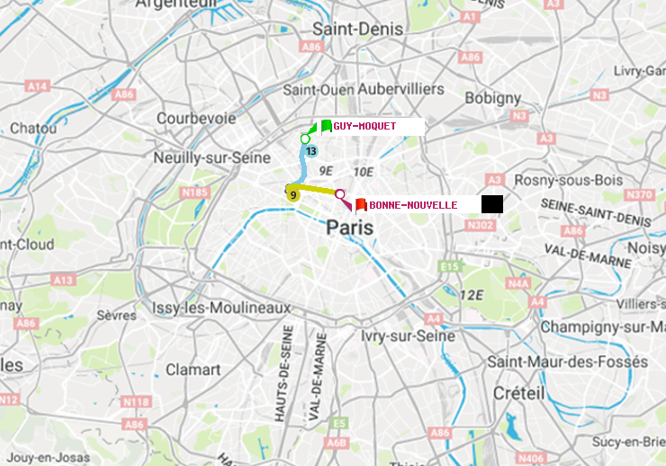 plan itinéraire ratp de Guy-Môquet à Bonne Nouvelle