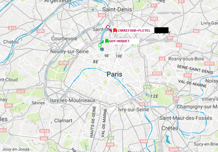 plan itinéraire ratp de Guy-Môquet à Carrefour-Pleyel