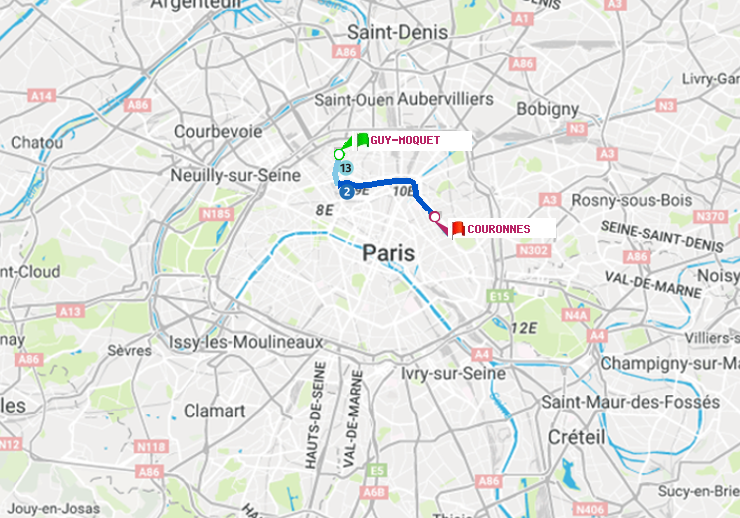 plan itinéraire ratp de Guy-Môquet à Couronnes