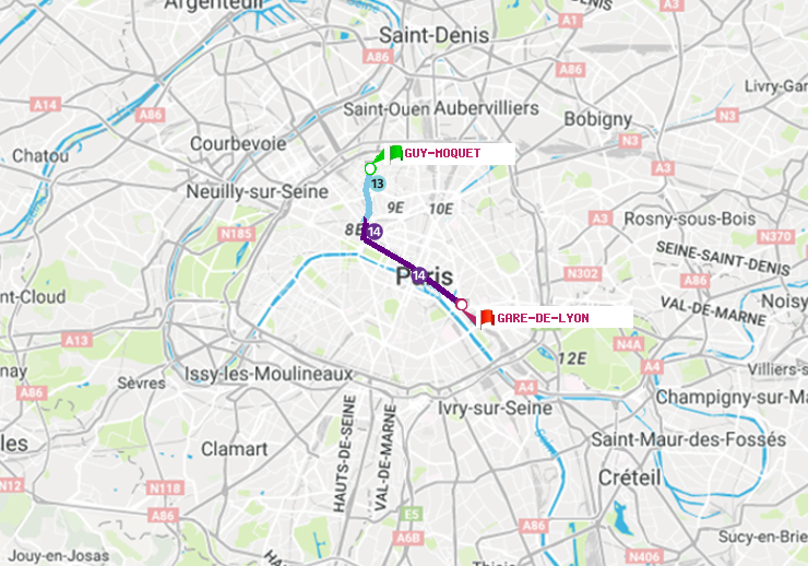 plan itinéraire ratp de Guy-Môquet à Gare de Lyon
