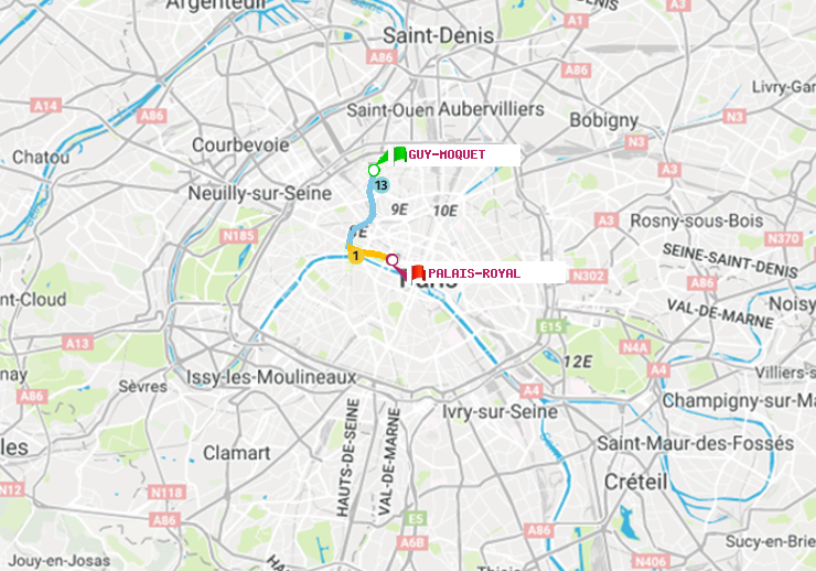plan itinéraire ratp de Guy-Môquet à Palais-Royal (Musée du Louvre)
