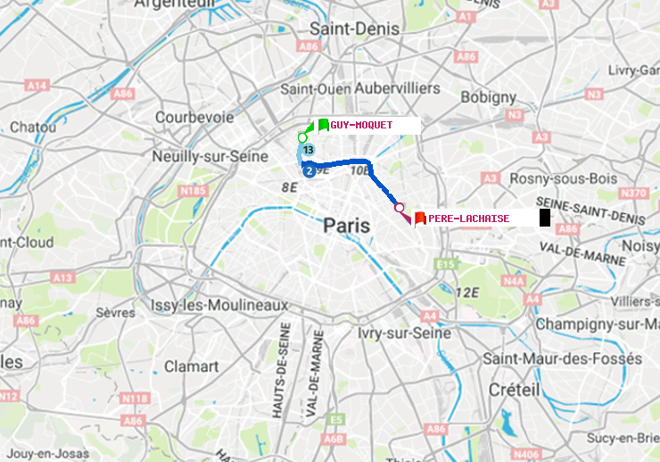 plan itinéraire ratp de Guy-Môquet à Père-Lachaise