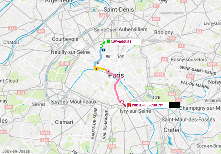 plan itinéraire ratp de Guy-Môquet à Porte de Choisy