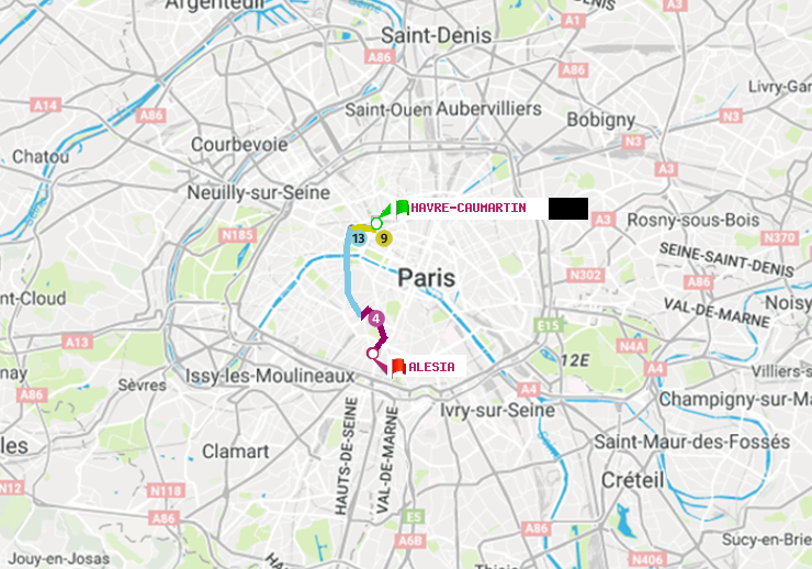 plan itinéraire ratp de Havre-Caumartin à Alésia