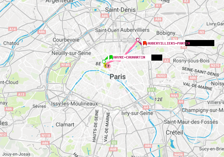 plan itinéraire ratp de Havre-Caumartin à Aubervilliers Pantin (4 Chemins)