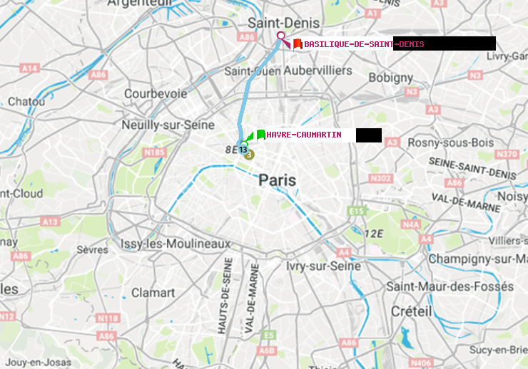 plan itinéraire ratp de Havre-Caumartin à Basilique de Saint-Denis