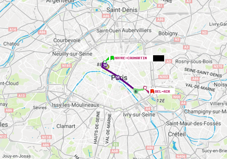 plan itinéraire ratp de Havre-Caumartin à Bel-Air