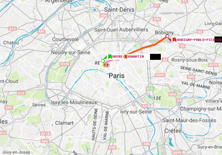plan itinéraire ratp de Havre-Caumartin à Bobigny-Pablo-Picasso