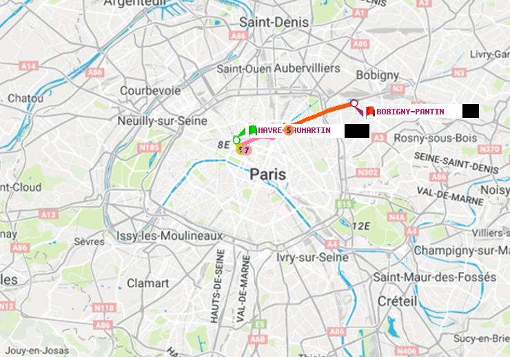 plan itinéraire ratp de Havre-Caumartin à Bobigny-Pantin (Raymond Queneau)