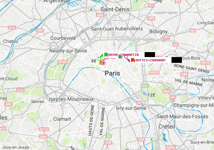 plan itinéraire ratp de Havre-Caumartin à Buttes-Chaumont