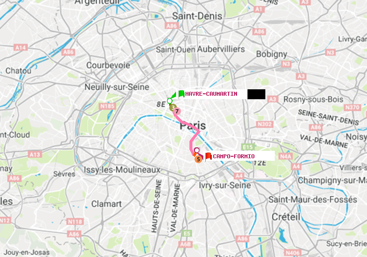 plan itinéraire ratp de Havre-Caumartin à Campo-Formio