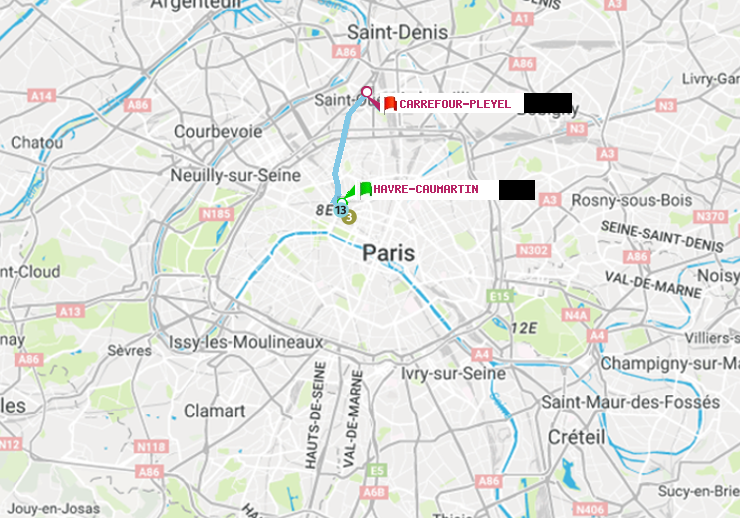 plan itinéraire ratp de Havre-Caumartin à Carrefour-Pleyel