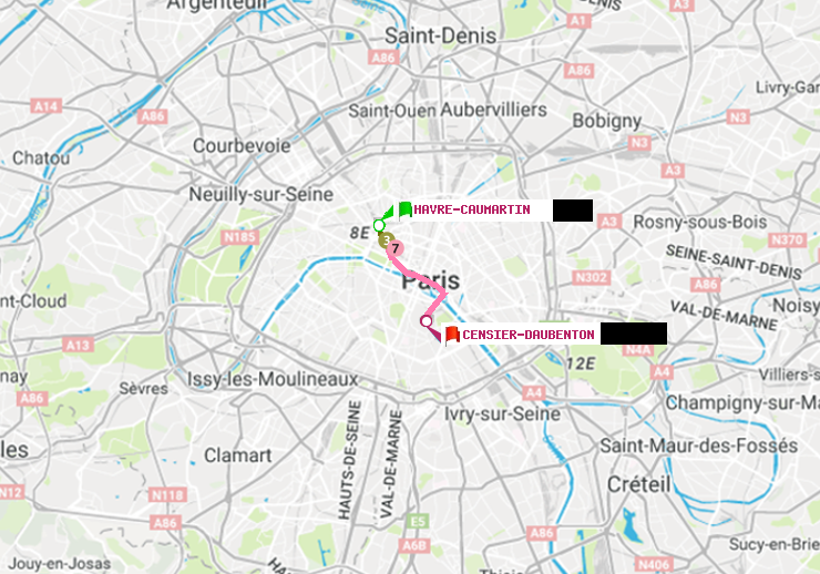 plan itinéraire ratp de Havre-Caumartin à Censier-Daubenton