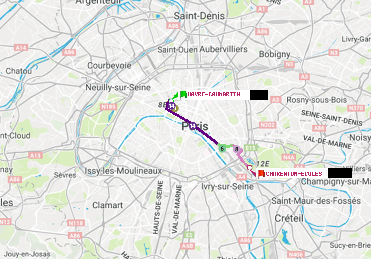 plan itinéraire ratp de Havre-Caumartin à Charenton-Ecoles