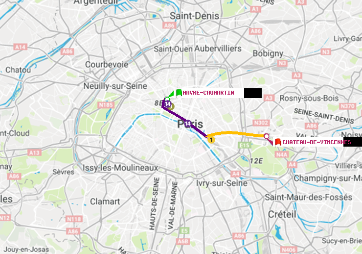 plan itinéraire ratp de Havre-Caumartin à Château de Vincennes