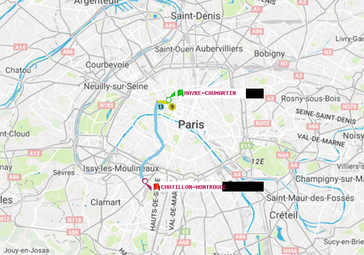 plan itinéraire ratp de Havre-Caumartin à Châtillon Montrouge
